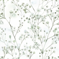A seamless watercolor pattern with a whisper-soft portrayal of baby's breath and foliage in minty white and green tones.