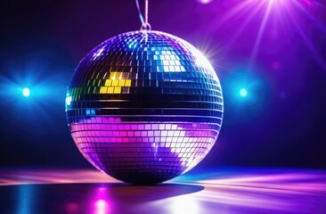 Fototapeta na wymiar Disco ball in a club in multi-colored lighting with glare