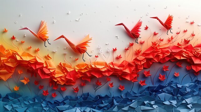 Paper art scene with origami cranes taking flight above crested waves of fiery autumn leaves, symbolizing change and the beauty of nature.