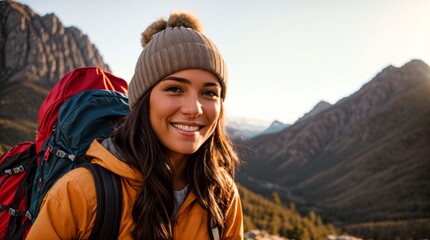 Fototapeta na wymiar Overjoyed Female Beanie Backpack Mountain Range View