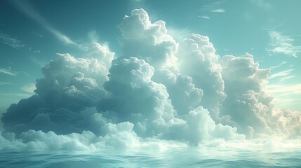 Ocean horizon with a majestic cloudscape, illuminated by a gentle play of sunlight, invoking a sense of sublime tranquility