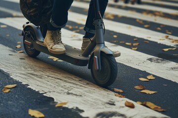 Person rushing on electric scooter transportation startup crossing street young adult person modern travel solution vehicle in motion fast ride business moving delivery courier job quick commuting