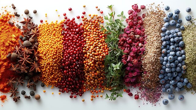This vivid display captures an assortment of spices, berries, and herbs, beautifully arranged to celebrate nature's palette and the essence of flavor.