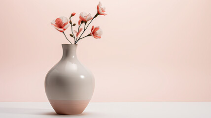 Minimalist beauty clean horizontal setting, soft salmon background, pastel vase, captivating blooms