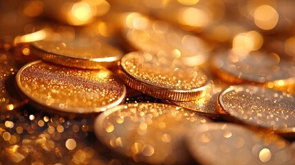 A macro photograph capturing the rich texture and radiant sparkle of golden coins, symbolizing abundance and prosperity