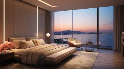 View of luxury apartment bedroom with view to the bay.