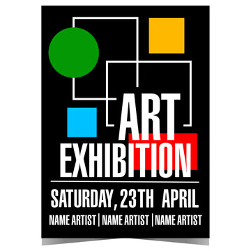 Art exhibition banner or poster template. Vector leaflet or flyer with abstract geometric shapes on a black background. Invitation booklet for painting or sculpture exposition in a gallery or museum.