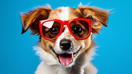 A funny cute little dog with a red sunglass on a blue background with the tongue out from his mouth