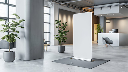 empty mockup white roll up screen banner in lobby office, empty white banner design