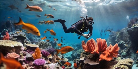 Image of a diver diving among the corals with lots of colorful fish