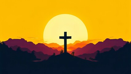Good Friday, Jesus Christ religious cross illustration flat vector art at the sunset  - obrazy, fototapety, plakaty