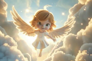 little angel flying through clouds in sky, heavenly light - obrazy, fototapety, plakaty