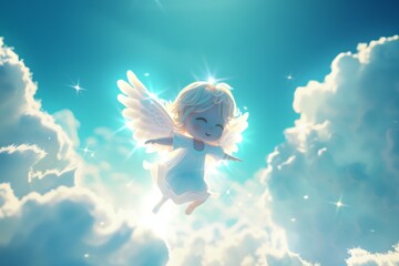 cute smile angel flying through clouds in sky, heavenly light - obrazy, fototapety, plakaty