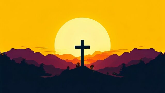 Good Friday, Jesus Christ religious cross illustration flat vector art at the sunset 