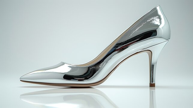 A single silver stiletto heel shines with a mirror-like finish, reflecting sophistication and a sleek design, perfect for high-fashion ensembles.
