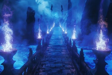 A bridge spanning the river Styx, its path lit by torches of blue flame