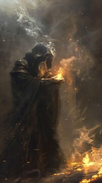 A dark sorcerer casting spells by firelight, shadows dancing on the walls