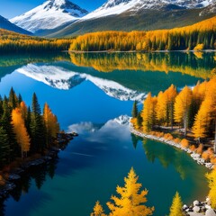 Serene lakes reflecting vibrant fall foliage or snow-capped peaks.
