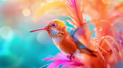 Fototapeta premium Bright, whimsical, macro hummingbird, colorful feathers