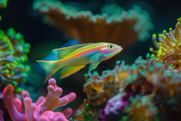 Fototapeta na wymiar Brightly colored coral reef with swimming neon fish, macro underwater view