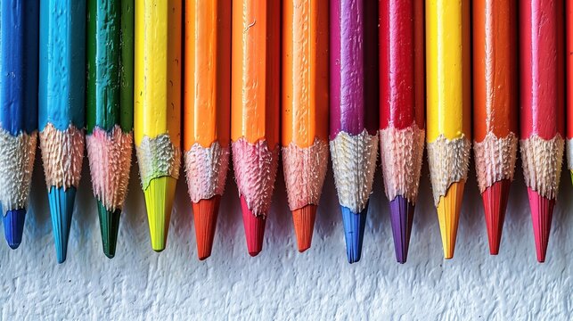 Colored pencils lined up in a vibrant spectrum on a textured white background, symbolizing creativity and artistic potential