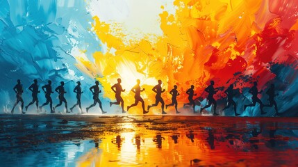 Runners in motion set against a vibrant abstract backdrop of splashing blue and fiery orange hues, evoking energy and movement