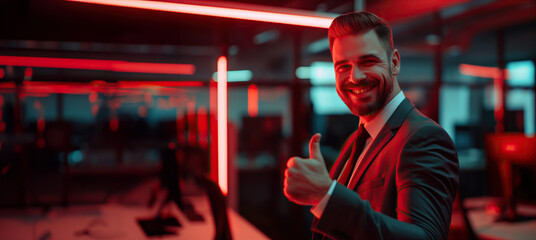 Happy businessman  or manager smile while wearing suit and beard, showing thumbs up gesture with hand in modern dark office with red ambient lights and copy space - obrazy, fototapety, plakaty