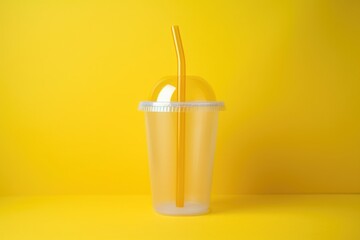 A single-use plastic-free cup with a straw on a vibrant yellow background, promoting eco-friendly choices.