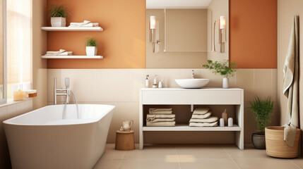 Fototapeta na wymiar Minimalist white interior bathroom with wooden floor