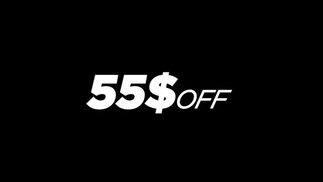 55$ dollar Off fast-moving Red and white color text animation with light Explosions for Business, Promotion, Discount, and Sales