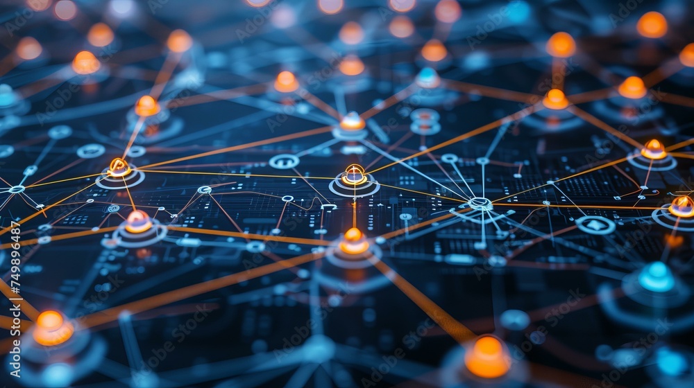 Poster a close-up of interconnected smart devices within a network, symbolizing the fusion of technology, c