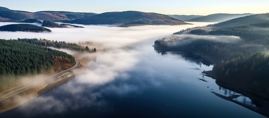 Aerial view of mountain peak with green trees in fog