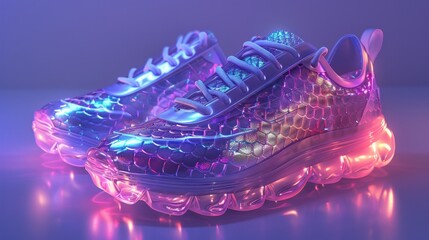 3D-rendered cartoon shoes equipped with scales, playfully floating on a purple pastel backdrop, embodying the light-hearted side of fitness and exercise tools, AI Generative