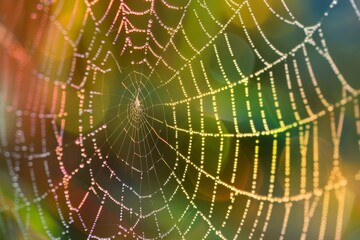 Macro shot of a spiders web with morning dew, rainbow effect