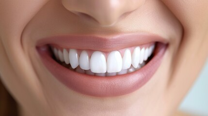 A close-up photograph of a woman smiling brightly, her flawlessly uniform teeth resembling polished marble, reflecting light, joyous expression, AI Generative