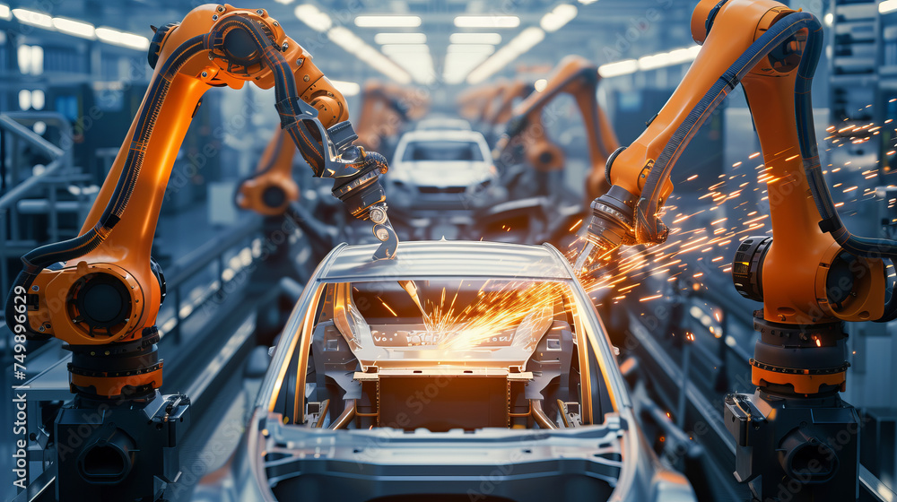 Poster a depiction of a robotic arm meticulously assembling a car in a high-tech factory setting focus on t