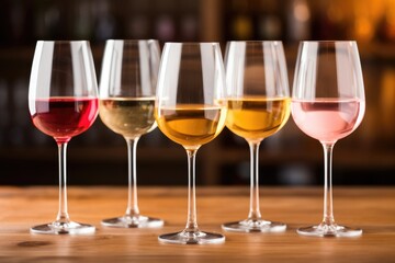 Assortment of red, white, and ros&eacute; wine in glasses. Variety of Wine Selection