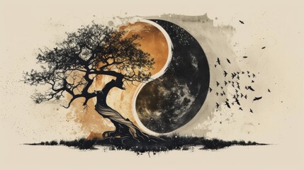 Obraz premium A conceptual illustration blending the Ying Yang symbol of balance with the Yggdrasil tree of life from Norse mythology. This unique fusion symbolizes the universal theme of balanc, AI Generative