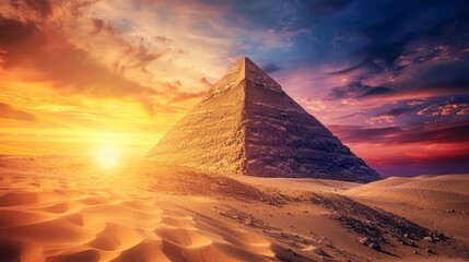 Sunrise over an ancient pyramid, colorful sky, macro textures