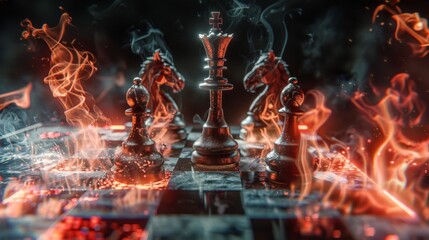 The devils chess game, playing for souls on a board of fire - obrazy, fototapety, plakaty