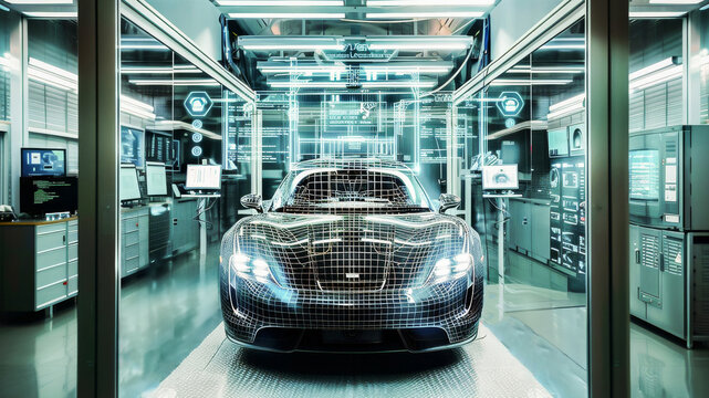 Futuristic luxury car displayed in a high-tech data center filled with server racks and advanced computing technology.