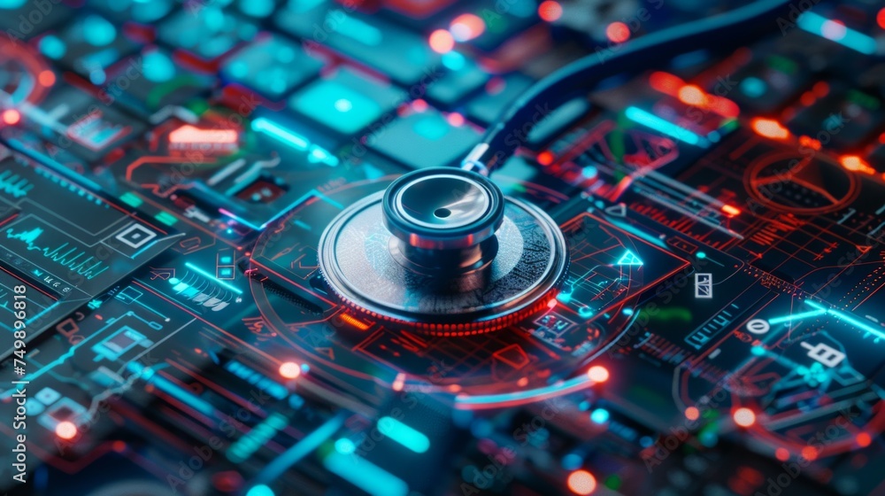 Aufkleber a medical concept visualized with a stethoscope laid over a computer keyboard, symbolizing the integ