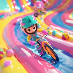 Tiny 3D biker racing on a colorful, candy-coated track