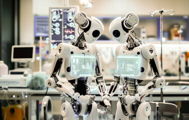 Fototapeta premium Advanced robot with artificial intelligence displayed in a high-tech laboratory environment, showcasing cutting-edge technology and automation.