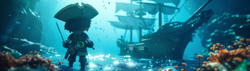 Tiny 3D pirate discovering a sunken ship, ocean depths