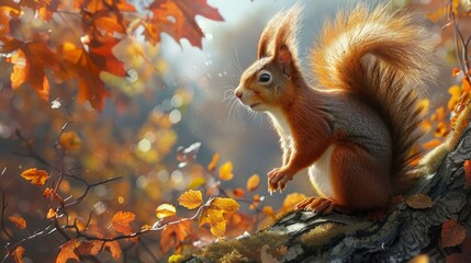 Obraz premium A red squirrel in its natural habitat, curiosity personified as it surveys its surroundings from the safety of a tree, AI Generative