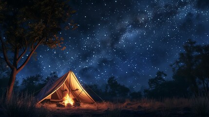 A serene campsite scene at night, featuring a tent under a star-filled sky A warm campfire flickers, casting a cozy glow over the surroundings, AI Generative - obrazy, fototapety, plakaty