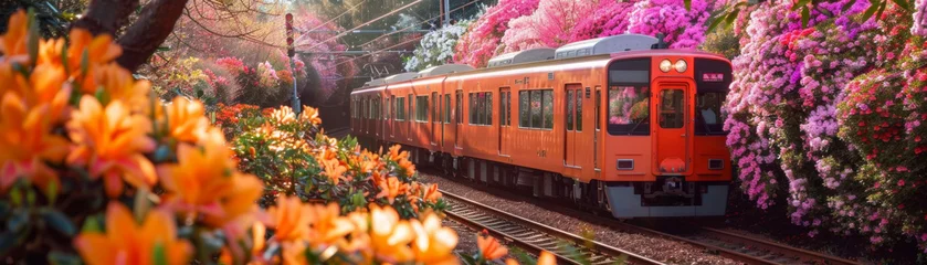 Schilderijen op glas Whimsical, floral trains traveling through surreal, blooming landscapes © kitinut