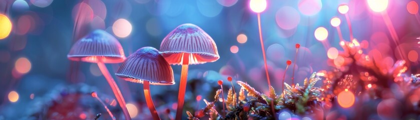 Glowing mushrooms in an enchanted forest, macro, colorful, and bright