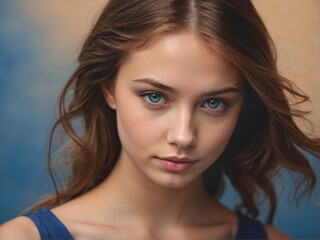 Fototapeta premium Close-up portrait of a beautiful young brown-haired girl with blue eyes.